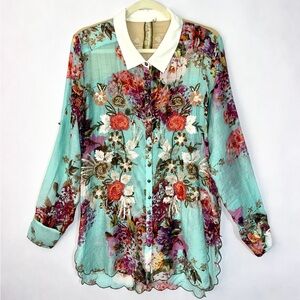 Aratta Silent Journey teal floral mixed pattern embroidered blouse Women's sz L
